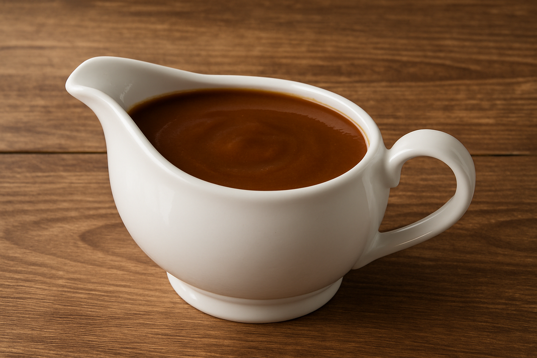 can i have a gravy boat in white full of gravy on a brown table