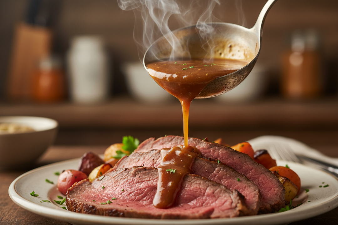 hot gravy being poured onto beef