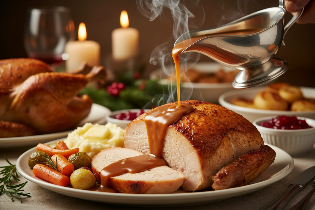 hot turkey gravy being poured onto a turkey dinner