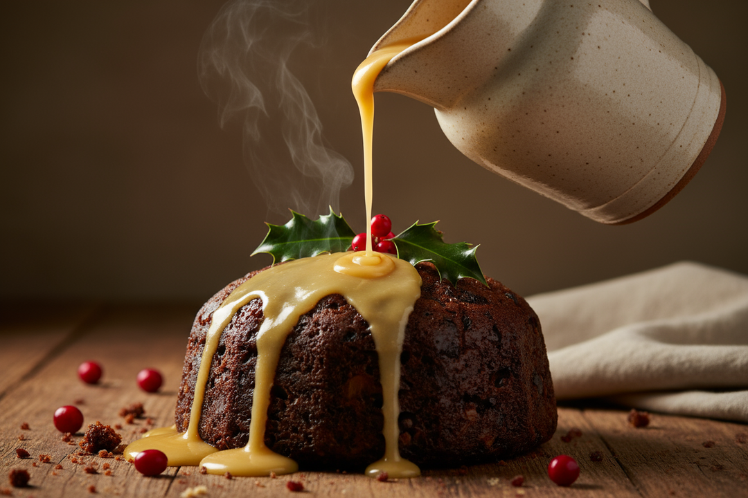 Vanilla Custard pouring from a jug onto a christmas pudding